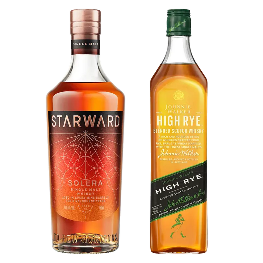 Starward Single Malt Whisky Solera Matured In Apera Barrels 3 Yr & Johnnie Walker Blended Scotch High Rye Bundle