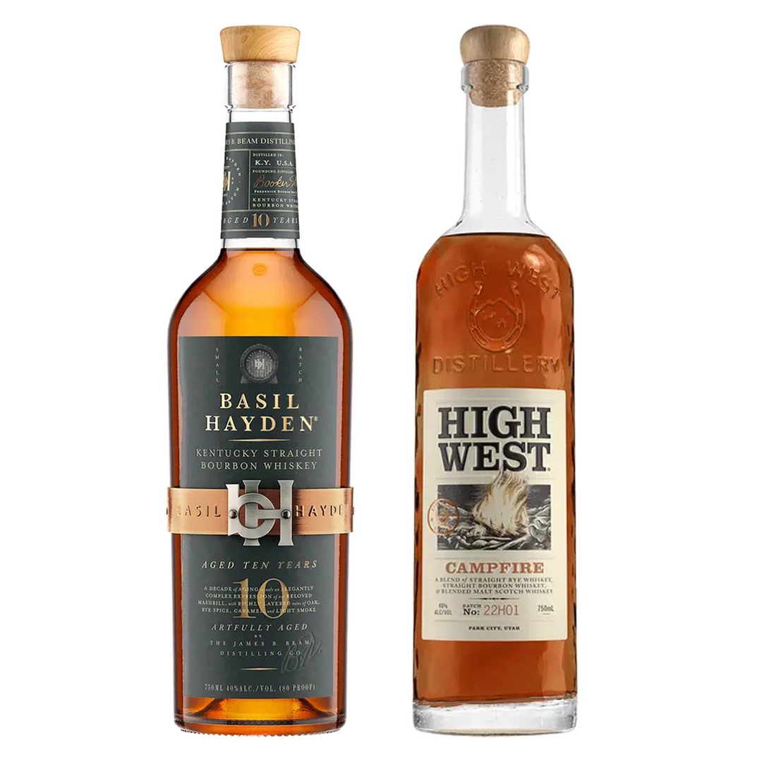 Basil Hayden's Straight Bourbon Artfully Aged 10 Yr & High West A Blend Of American & Scottish Whiskies Campfire Bundle