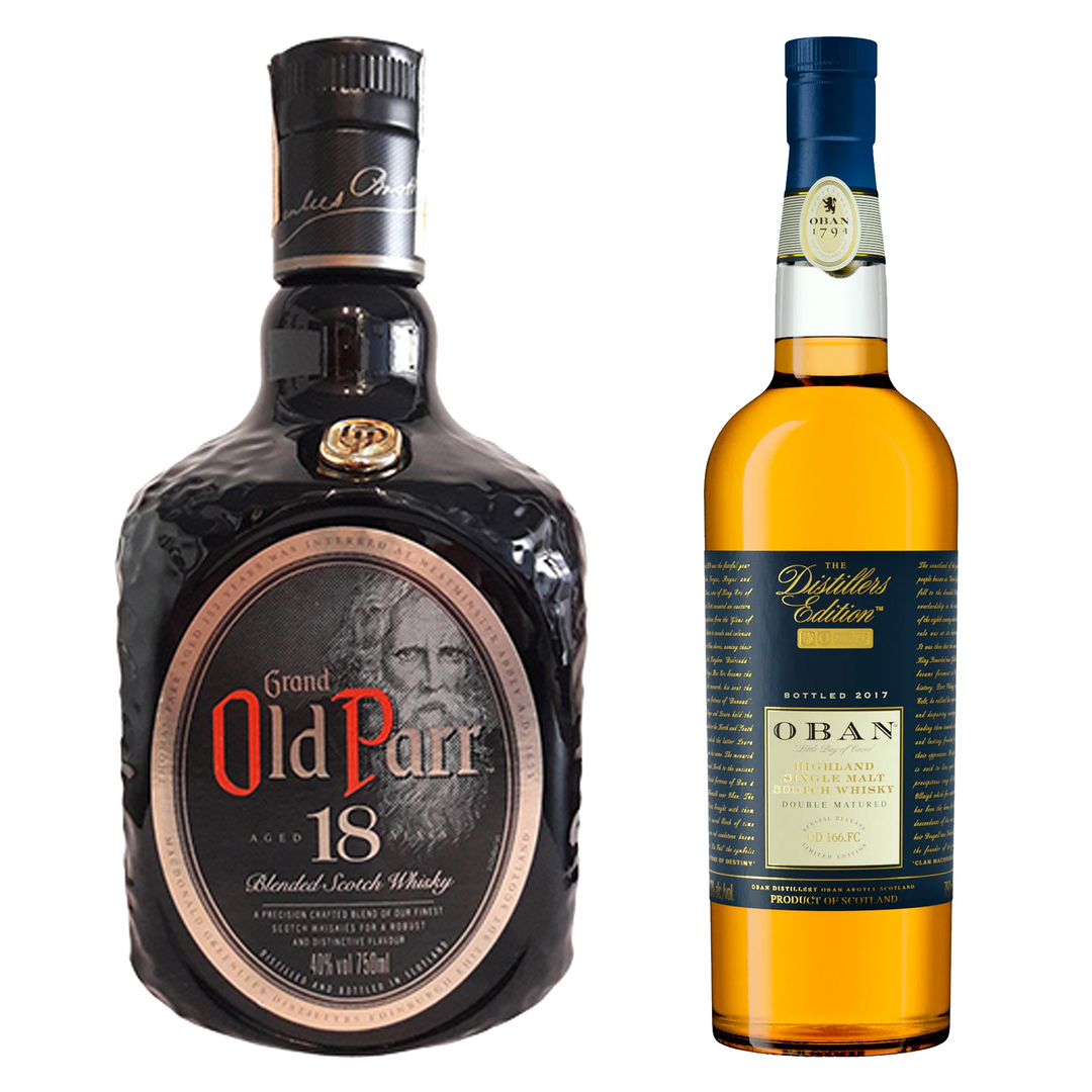 Old Parr Blended Scotch Deluxe 18 Yr & Oban Single Malt Scotch The Distillers Edition Double Matured Bundle