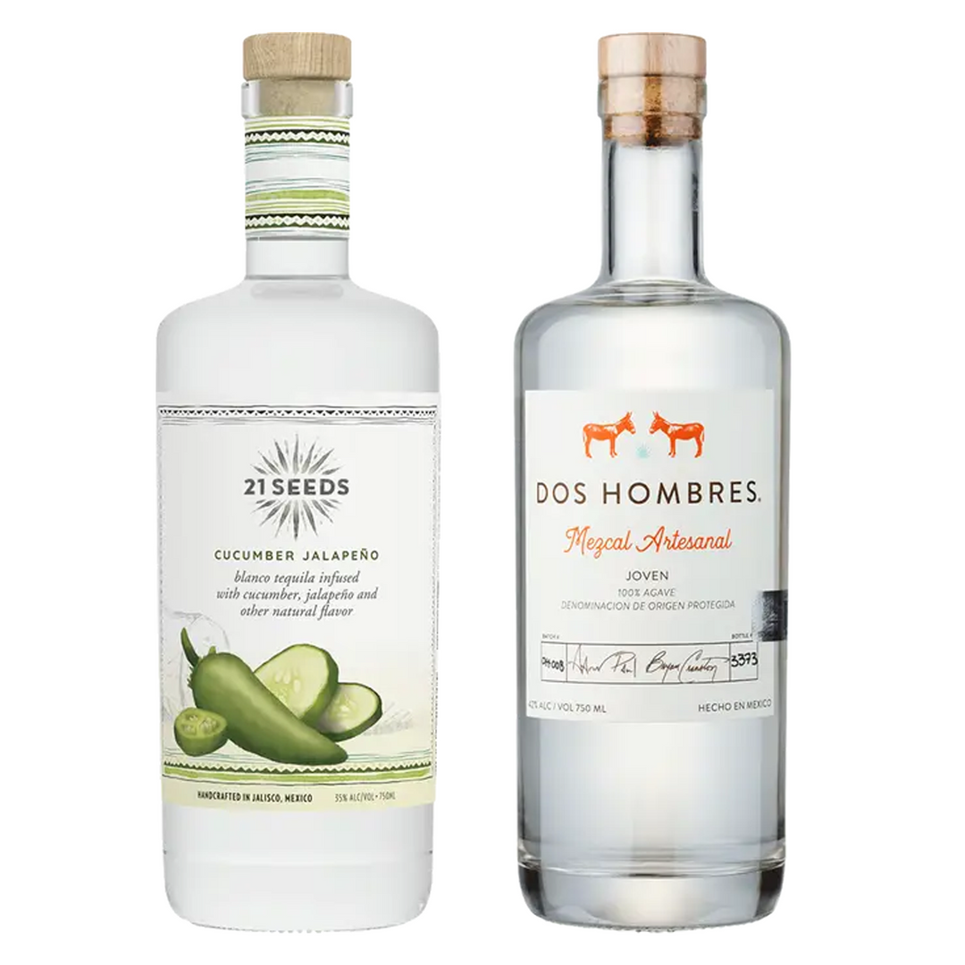 21 Seeds Cucumber Jalapeno Infused Blanco Tequila Flavored Tequila & Dos Hombres Mezcal Artesanal Joven Espadin Bundle