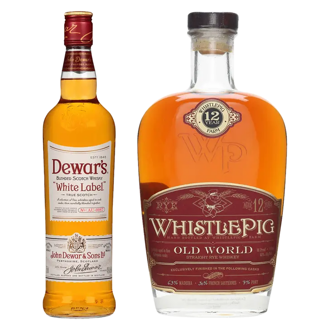 Dewar's Blended Scotch White Label & Whistlepig Straight Rye Whiskey Old World 12 Yr Bundle
