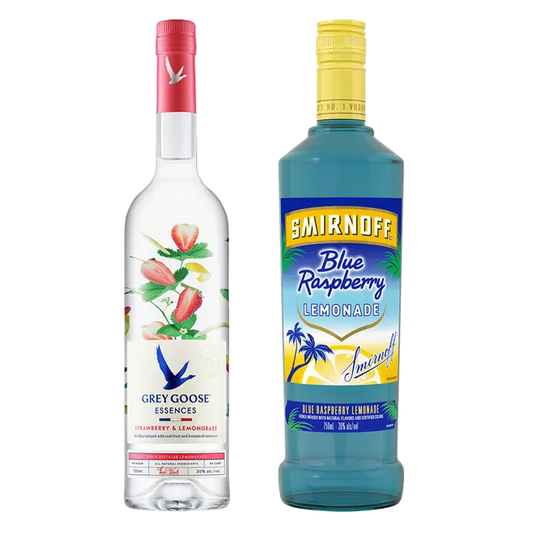 Grey Goose Strawberry & Lemongrass Flavored Vodka Essences & Smirnoff Blue Raspberry Flavored Vodka Bundle