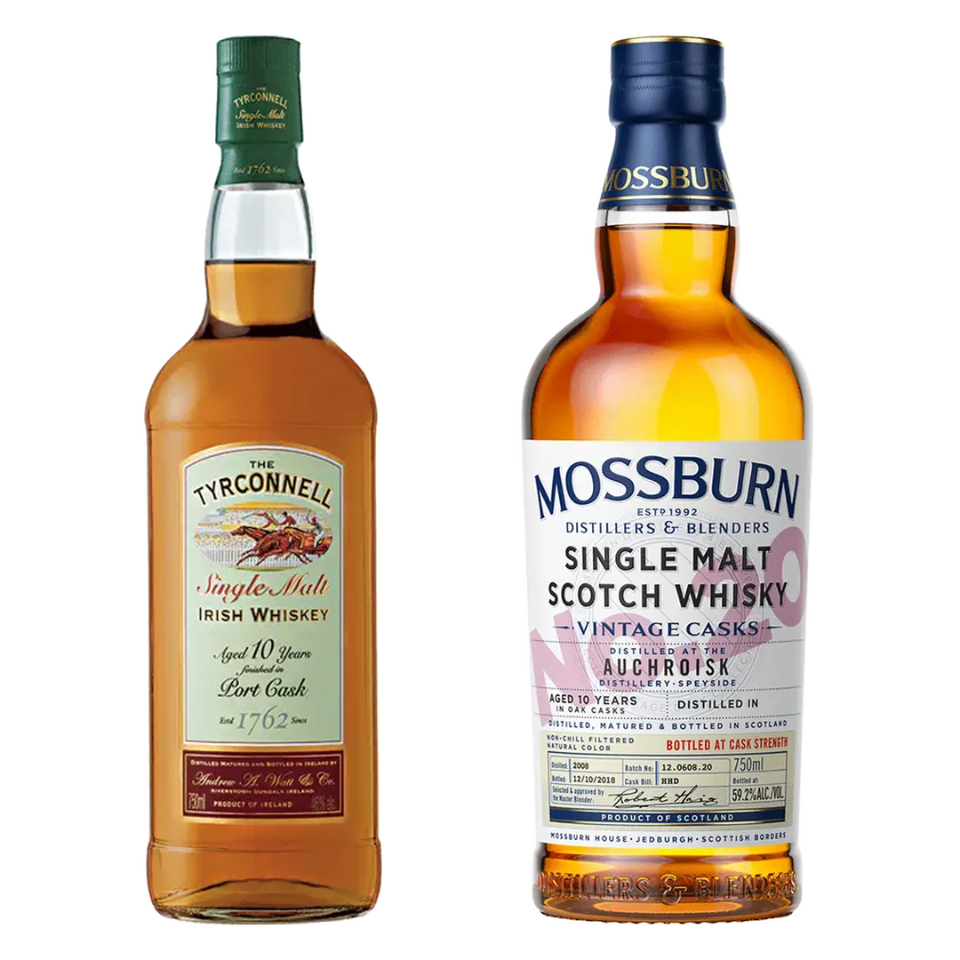 The Tyrconnell Single Malt Irish Whiskey Port Cask Finish & Mossburn Single Malt Scotch Inchgower Distillery Vintage Casks No. 2 10 Year Bundle