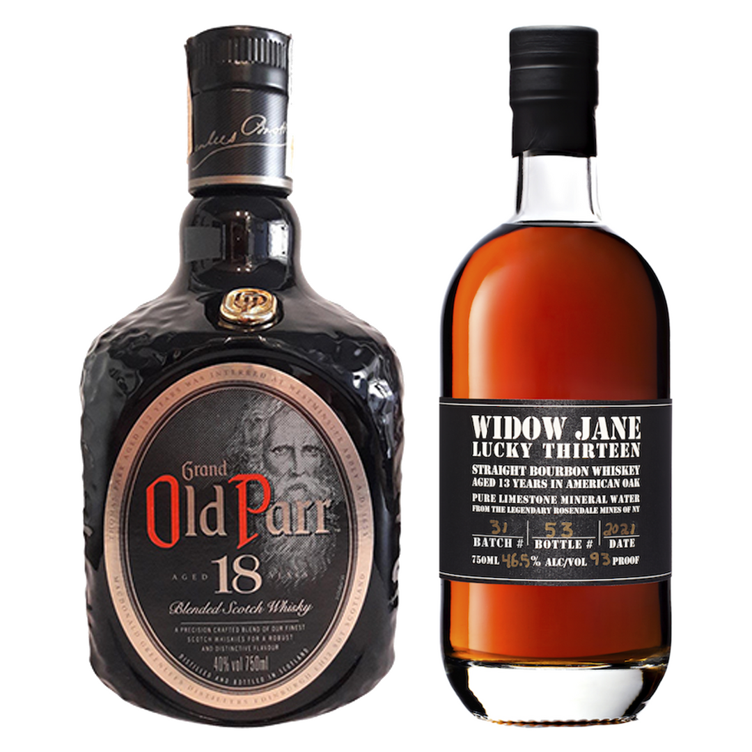 Old Parr Blended Scotch Deluxe 18 Yr & Widow Jane Straight Bourbon Lucky Thirteen 13 Yr Bundle