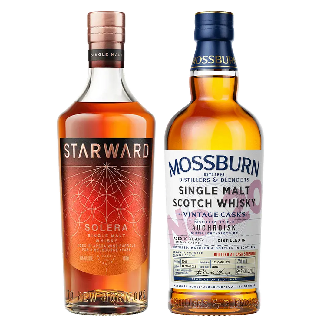 Starward Single Malt Whisky Solera Matured In Apera Barrels 3 Year& Mossburn Single Malt Scotch Inchgower Distillery Vintage Casks No. 2 10 Year Bundle