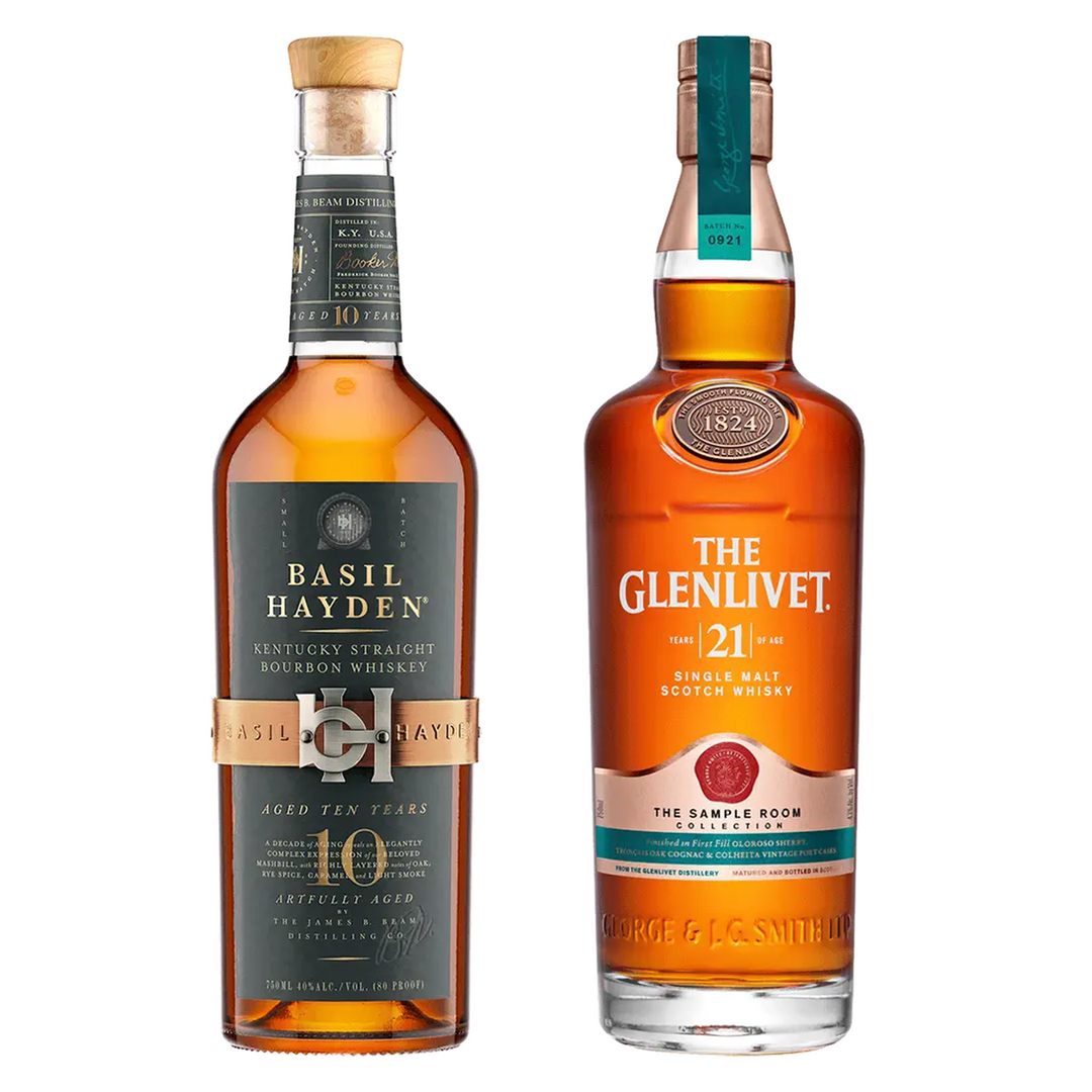 Basil Hayden's Straight Bourbon Artfully Aged 10 Yr & The Glenlivet Single Malt Scotch The Sample Room Collection 21 Yr Bundle