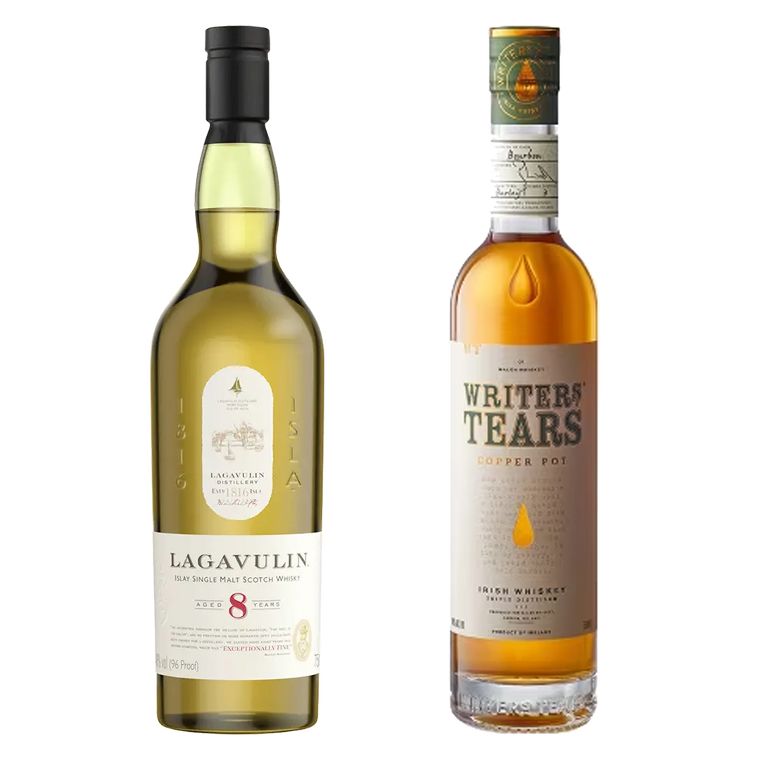 Lagavulin Single Malt Scotch 8 Yr & Writers Tears Blended Irish Whiskey Copper Pot Bundle