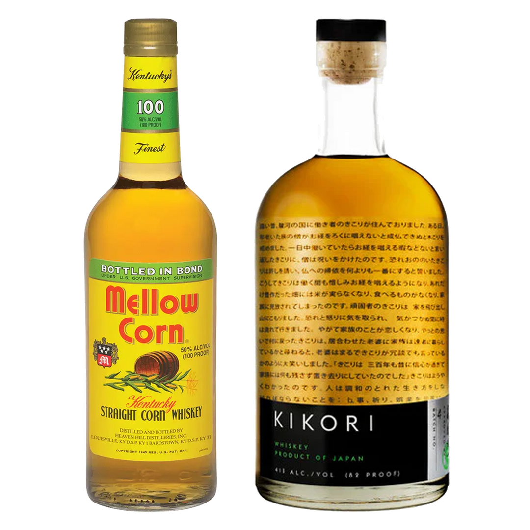 Mellow Corn Straight Corn Whiskey Bottled In Bond & Kikori Whisky The Woodsman 3 Bundle