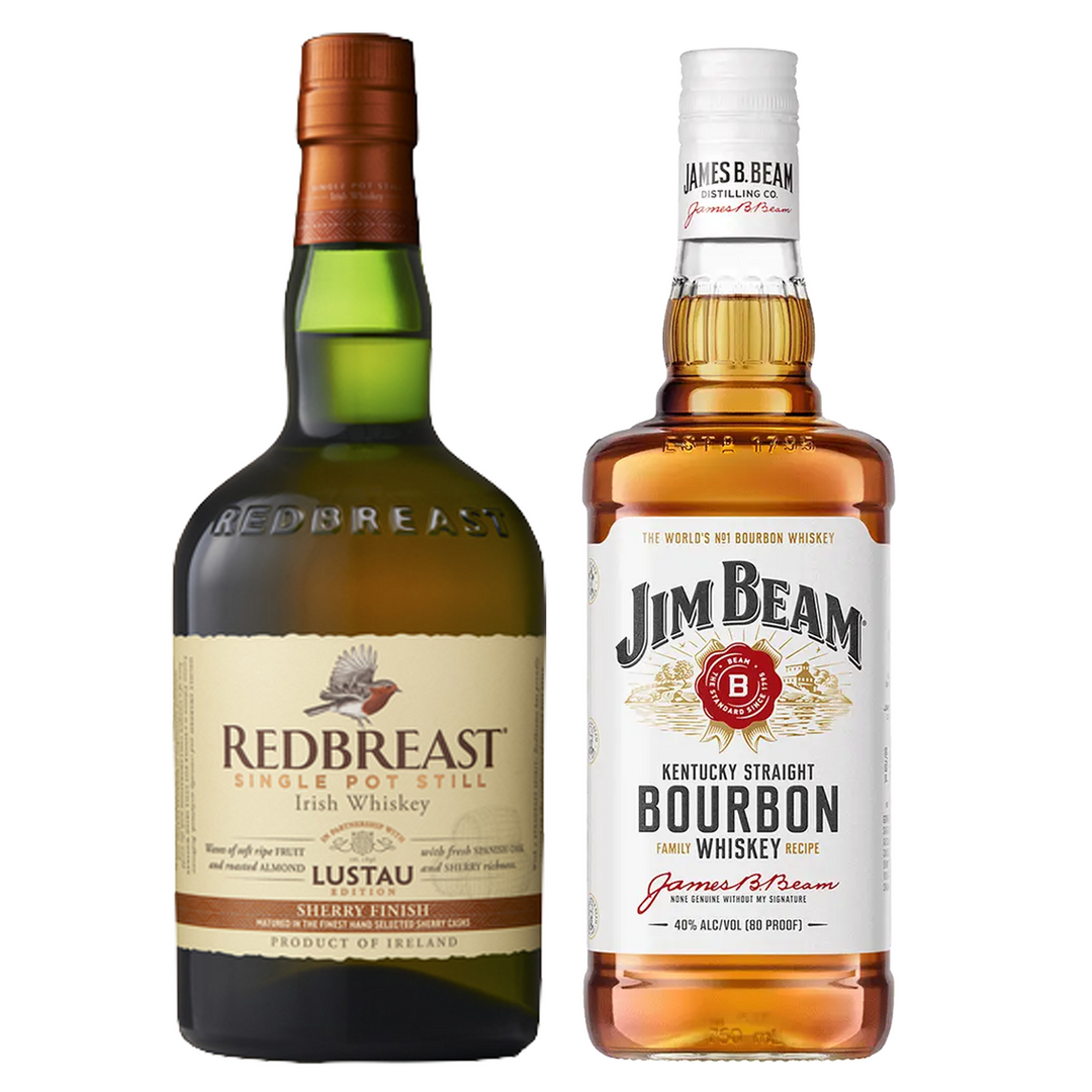 Redbreast Single Pot Still Irish Whiskey Sherry Finish Lustau Edition & Jim Beam Straight Bourbon White Label Bundle