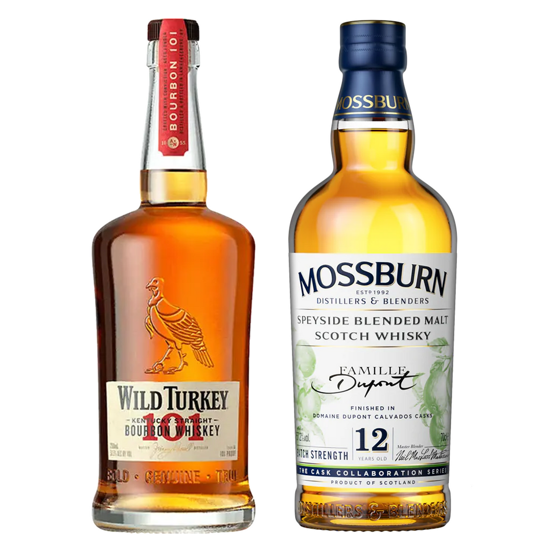 Wild Turkey Straight Bourbon & Mossburn Blended Malt Scotch Batch Strength Finished In Foursquare Rum Casks 12 Year Bundle