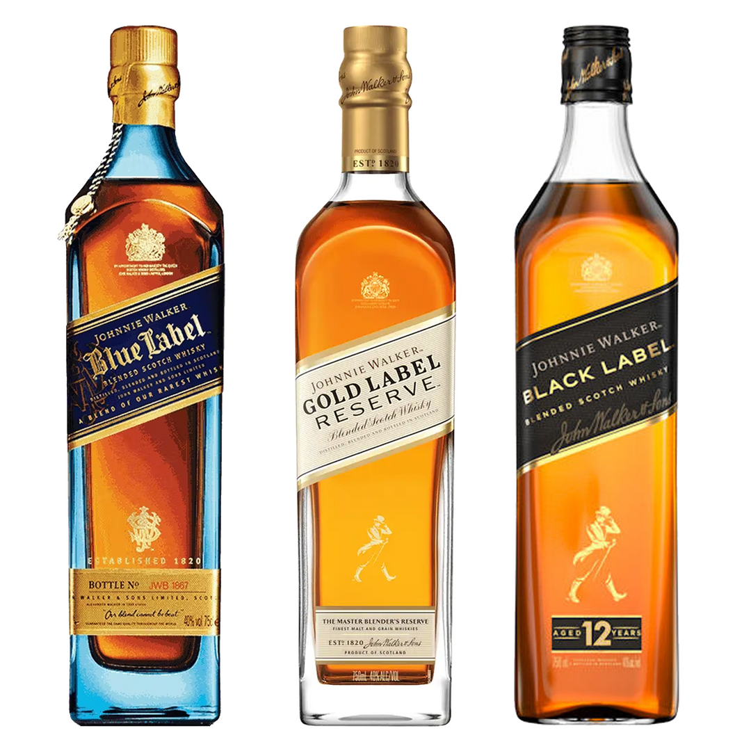 Johnnie Walker Blended Scotch Black Label 12 Yr, Blue Label, & Gold Label Reserve Bundle