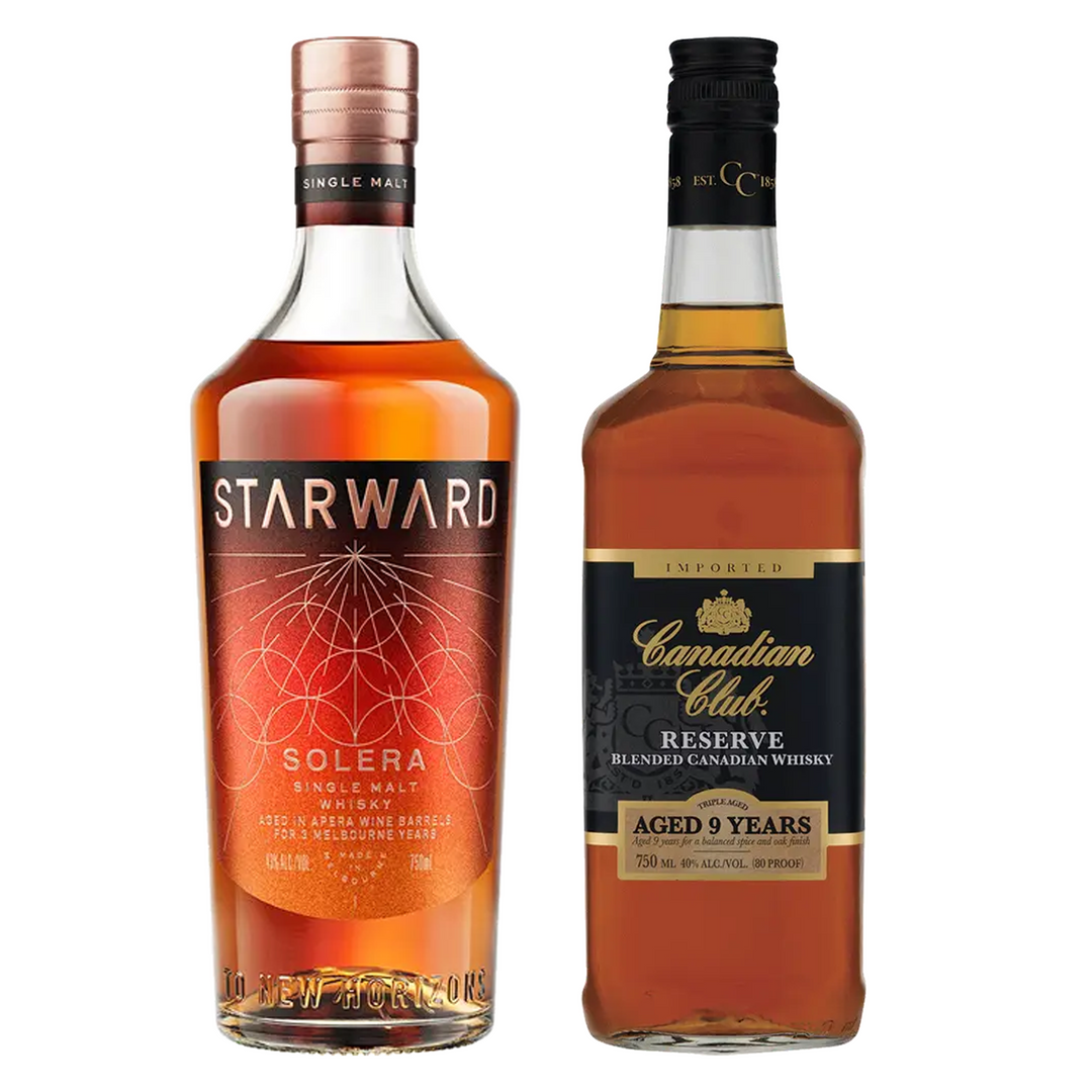 Starward Single Malt Whisky Solera Matured In Apera Barrels 3 Yr & Canadian Club Canadian Whisky Reserve 9 Yr Bundle