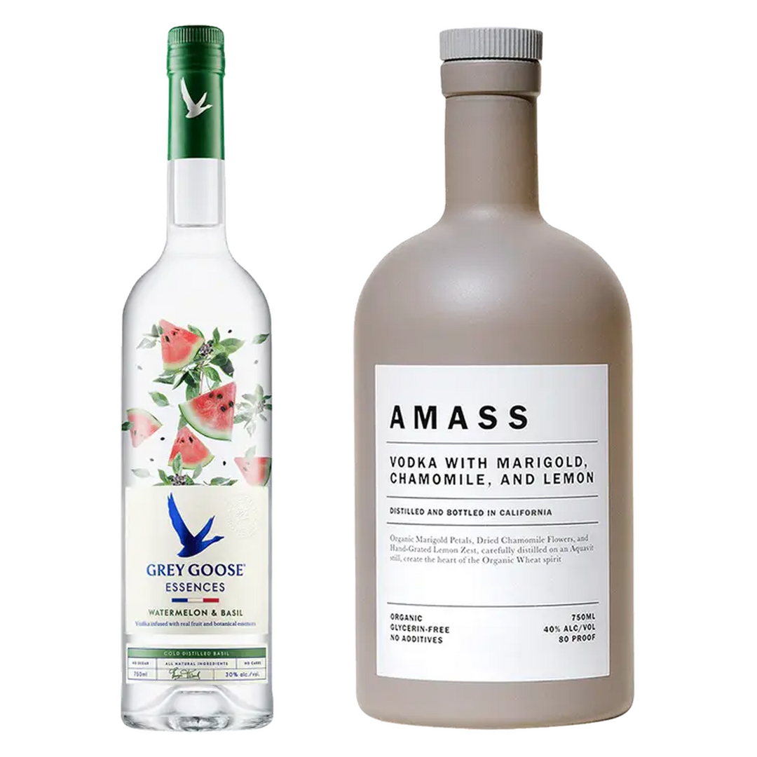 Grey Goose Watermelon & Basil Flavored Vodka Essences & Amass Vodka With Marigold Chamomile And Lemon Zest Bundle