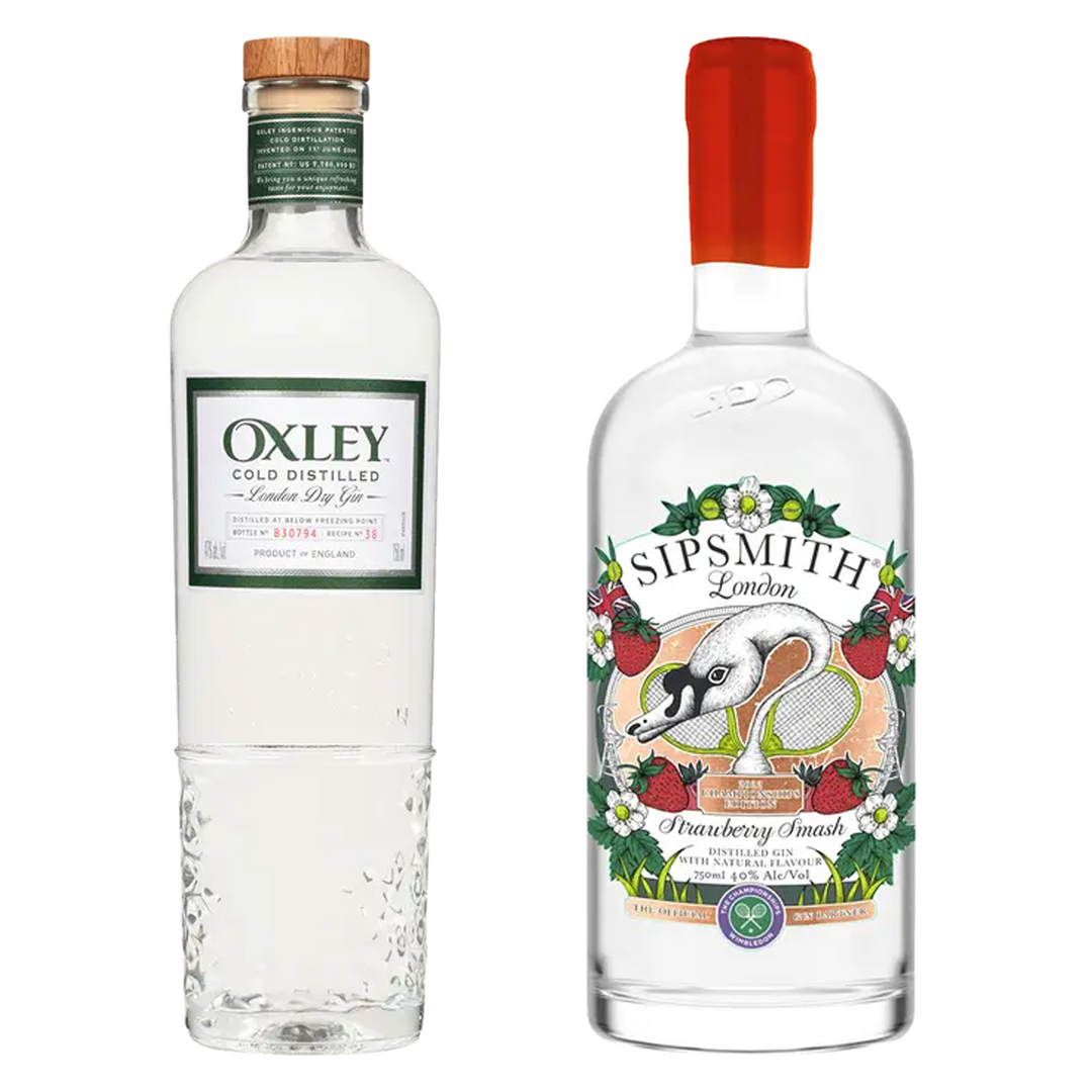 Oxley London Dry Gin Cold Distilled & Sipsmith Strawberry Smash Flavored Gin Wimbledon Bundle