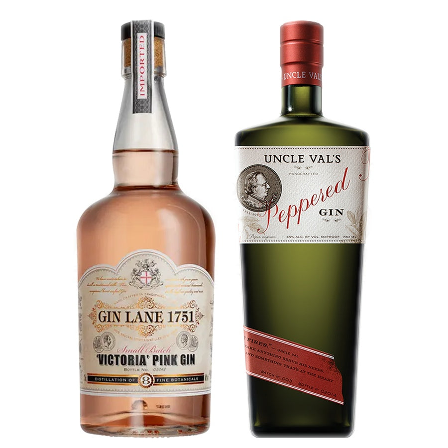 Gin Lane Gin Victoria Pink and Uncle Vals Gin Peppered