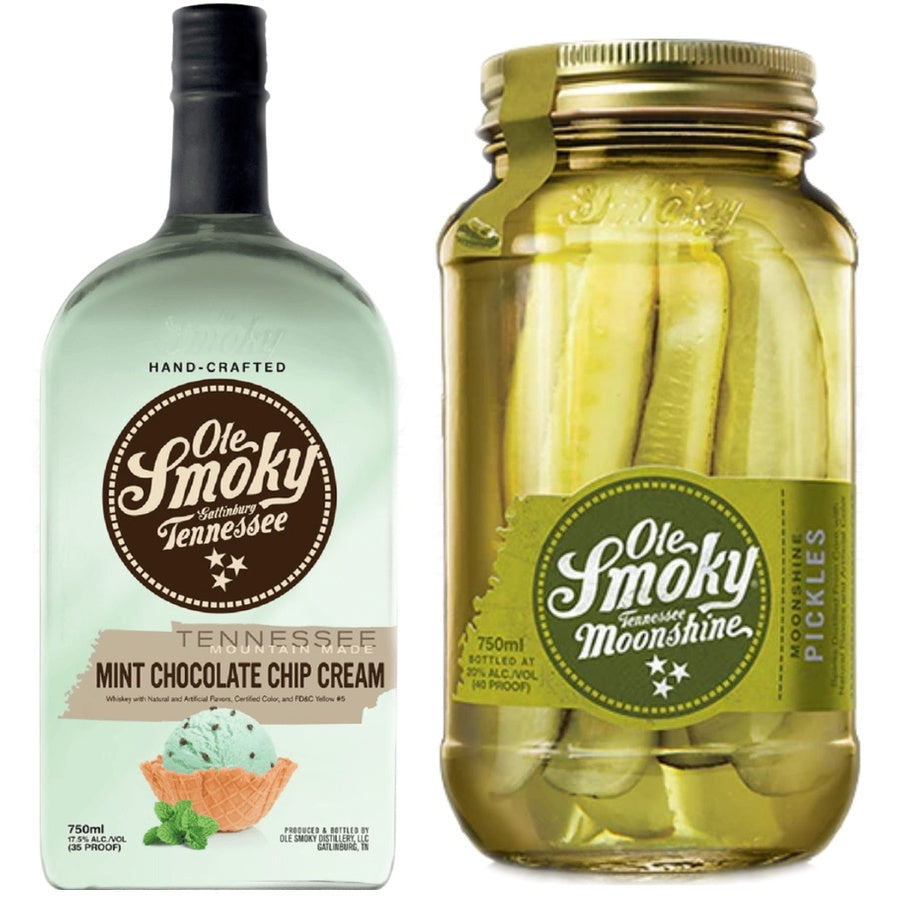 Ole Smoky Mint Chocolate Chip Cream Liqueur and Ole Smoky Pickles Moonshine