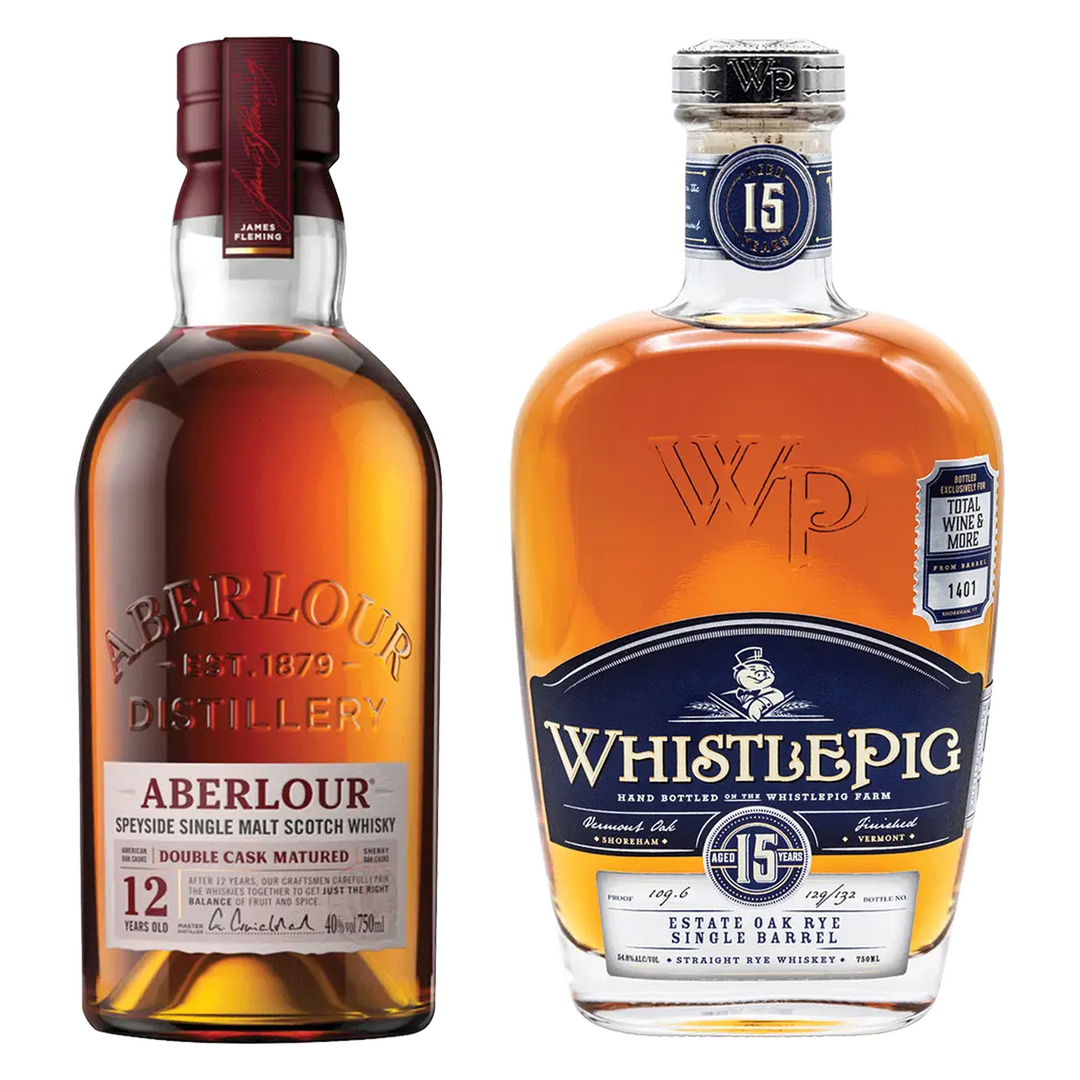 Aberlour Single Malt Scotch Double Cask Matured 12 Yr & Whistlepig Straight Rye Whiskey Finished In Vermont Estate Oak 15 Yr Bundle