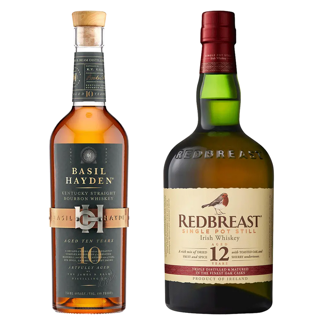 Basil Hayden's Straight Bourbon Artfully Aged 10 Yr & Redbreast Single Pot Still Irish Whiskey Cask Strength 12 Yr Bundle