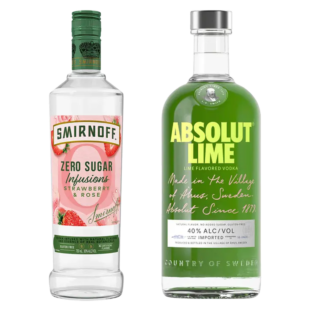 Smirnoff Strawberry & Rose Flavored Vodka Zero Sugar Infusions & Absolut Lime Flavored Vodka Bundle