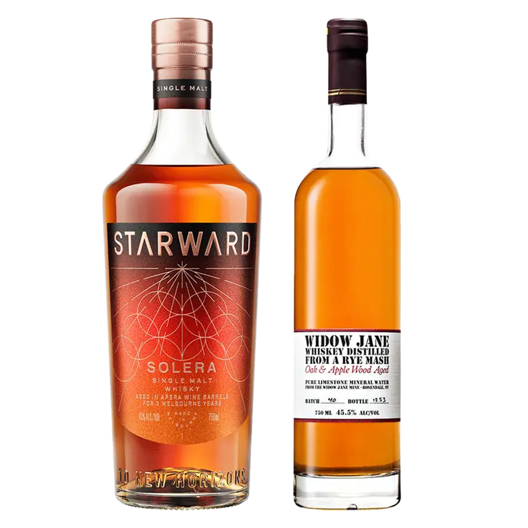 Starward Single Malt Whisky Solera Matured In Apera Barrels 3 Yr & Widow Jane Rye Whiskey Apple Wood Bundle