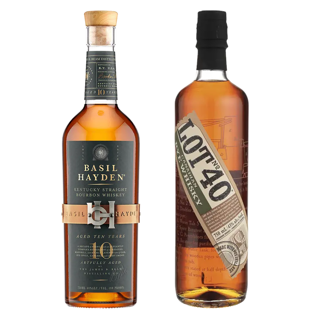 Basil Hayden's Straight Bourbon Artfully Aged 10 Yr & Lot 40 Canadian Rye Whisky Copper Pot Distilled Bundle