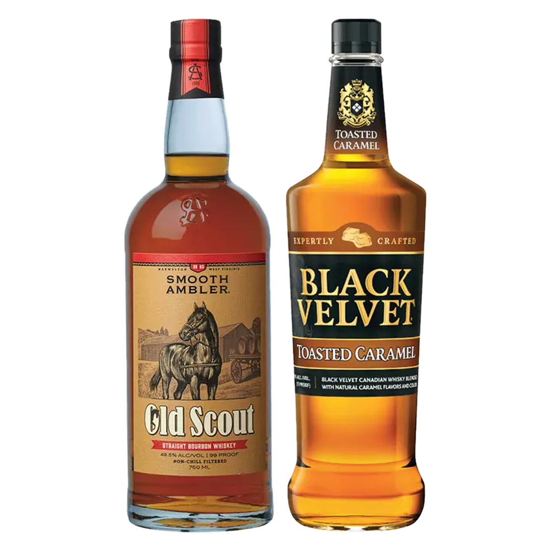 Smooth Ambler Straight Bourbon Old Scout Single Barrel Cask Strength 3 Yr & Black Velvet Toasted Caramel Flavored Whisky Bundle