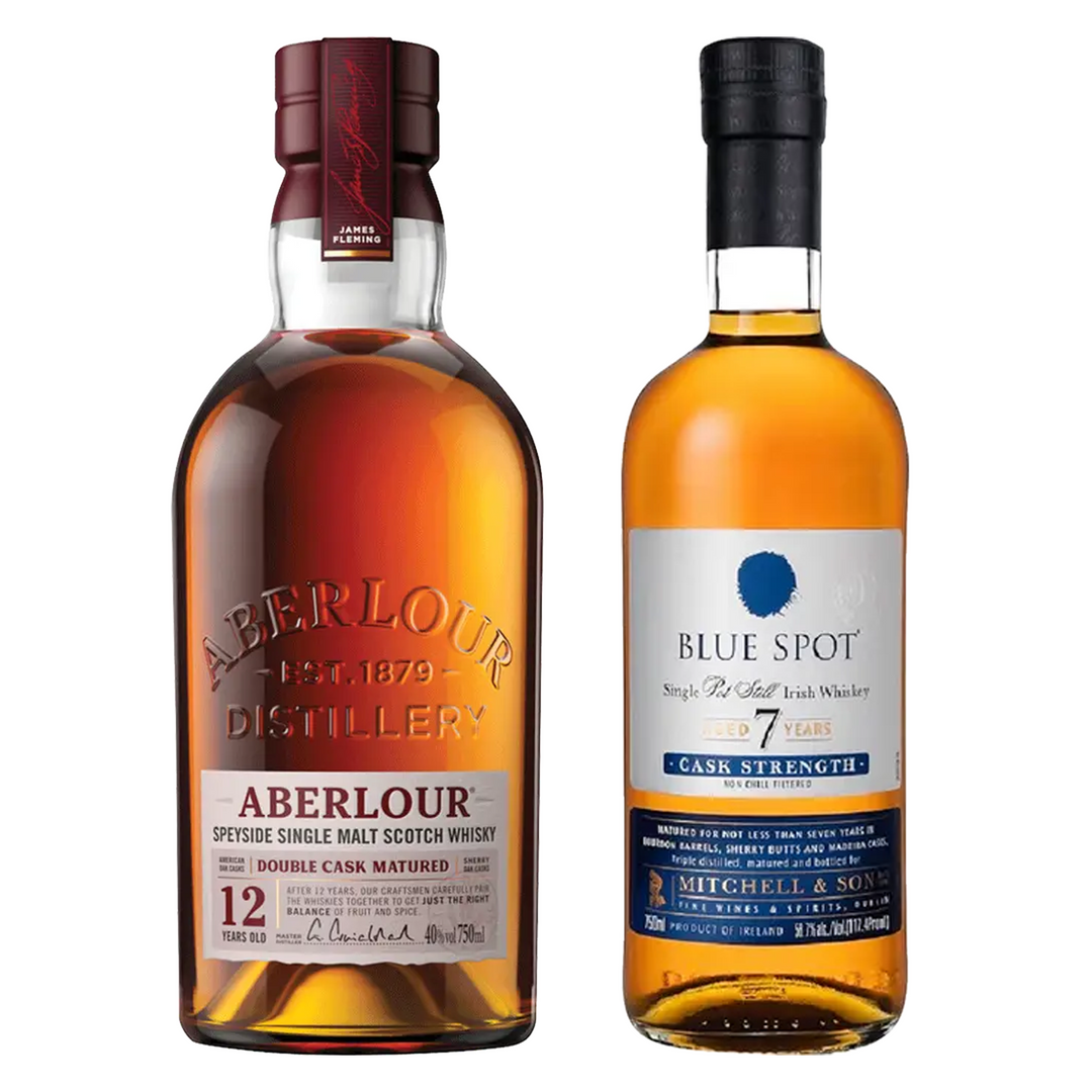 Aberlour Single Malt Scotch Double Cask Matured 12 Yr & Blue Spot Single Pot Still Irish Whiskey Cask Strength 7 Yr Bundle