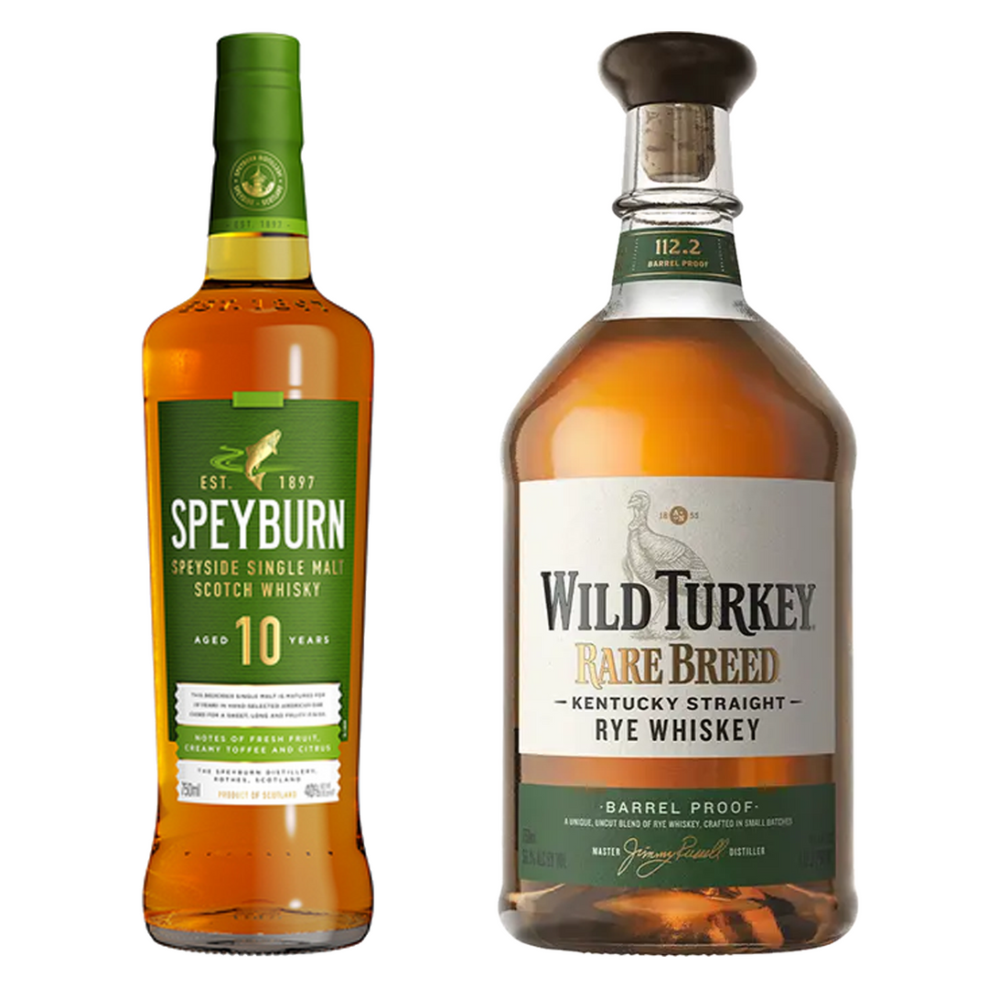 Speyburn Single Malt Scotch 10 Yr & Wild Turkey Rye Whiskey Rare Breed Barrel Proof Bundle