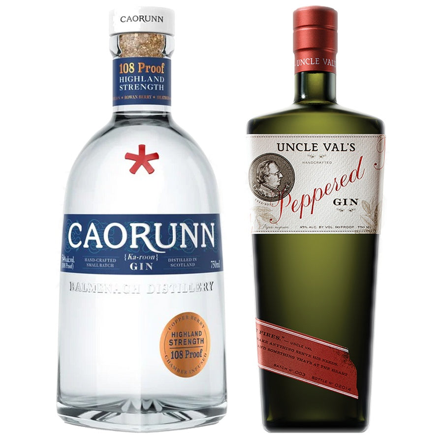Caorunn Dry Gin Highland Strength 108 and Uncle Vals Gin Peppered