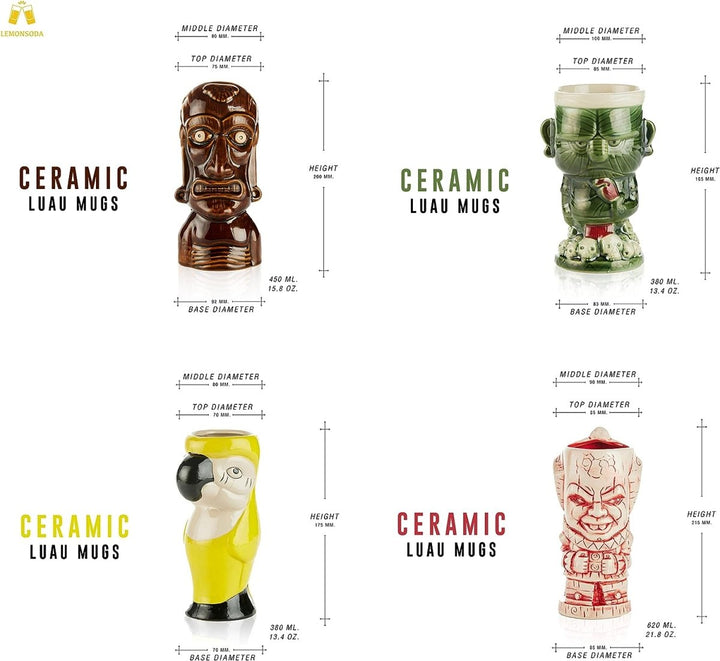 Ceramic Hawaiian Luau Tiki Mugs (Set of 4 - 14 - 22oz) - BottleBuzz