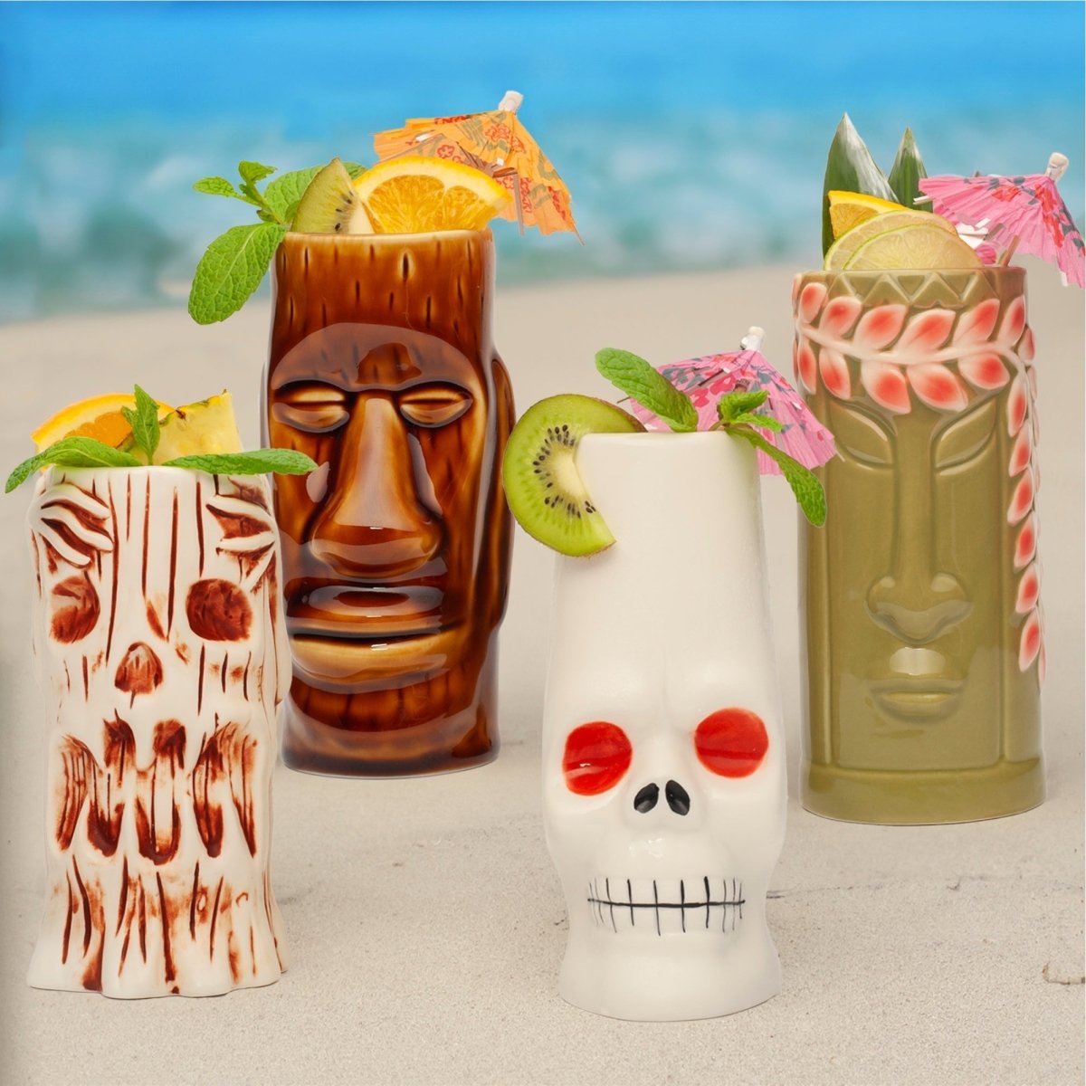 Ceramic Tiki Mugs, Set of 8 - 18-23.5oz - Perfect for Exotic