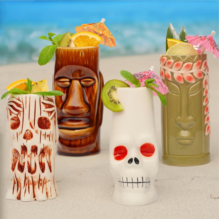 Ceramic Tiki Mugs, Set of 8 - 18 - 23.5oz - Perfect for Exotic Cocktails, Iced Tea, Soda, Mai Tai, Long Island - BottleBuzz