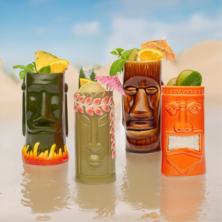 Ceramic Tiki Mugs, Set of 8 - 18 - 23.5oz - Perfect for Exotic Cocktails, Iced Tea, Soda, Mai Tai, Long Island - BottleBuzz