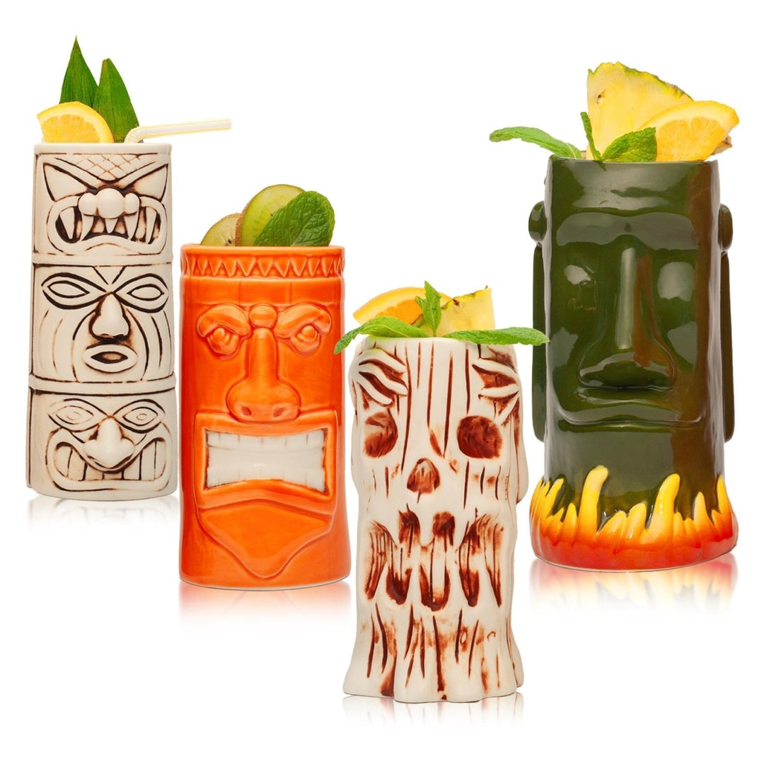 Ceramic Tiki Mugs, Set of 8 - 18 - 23.5oz - Perfect for Exotic Cocktails, Iced Tea, Soda, Mai Tai, Long Island - BottleBuzz