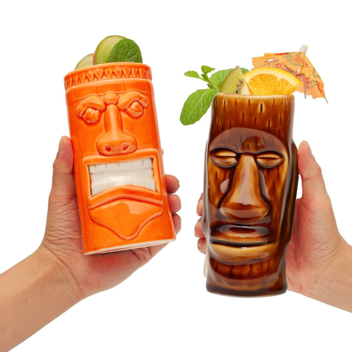 Ceramic Tiki Mugs, Set of 8 - 18 - 23.5oz - Perfect for Exotic Cocktails, Iced Tea, Soda, Mai Tai, Long Island - BottleBuzz