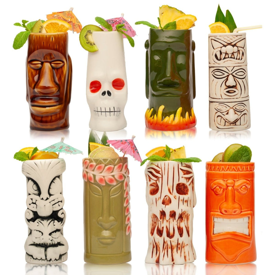 Ceramic Tiki Mugs, Set of 8 - 18 - 23.5oz - Perfect for Exotic Cocktails, Iced Tea, Soda, Mai Tai, Long Island - BottleBuzz