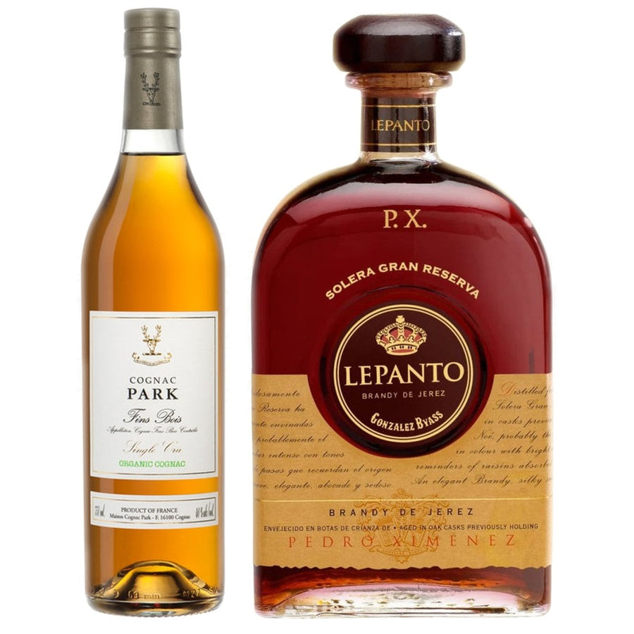Cognac Park Fins Bois Single Cru Organic and Lepanto Brandy De Jerez Oloroso Viejo Solera Gran Reserva