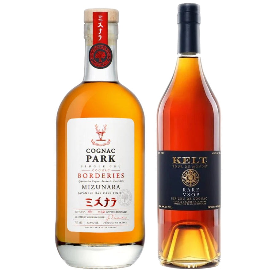 Cognac Park Mizunara Japanese Oak Cask Finish Single Cru Borderies and Kelt Tour Monde Cognac VSOP Rare