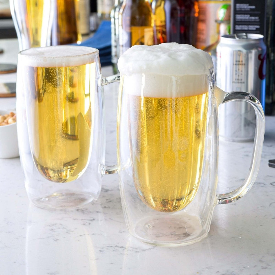 Double Walled Beer Drink Glass Mug with Handle - Set of 4 - BottleBuzz