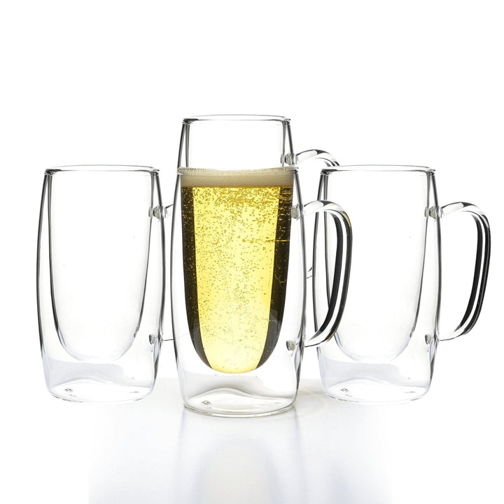 Double Walled Beer Drink Glass Mug with Handle - Set of 4 - BottleBuzz