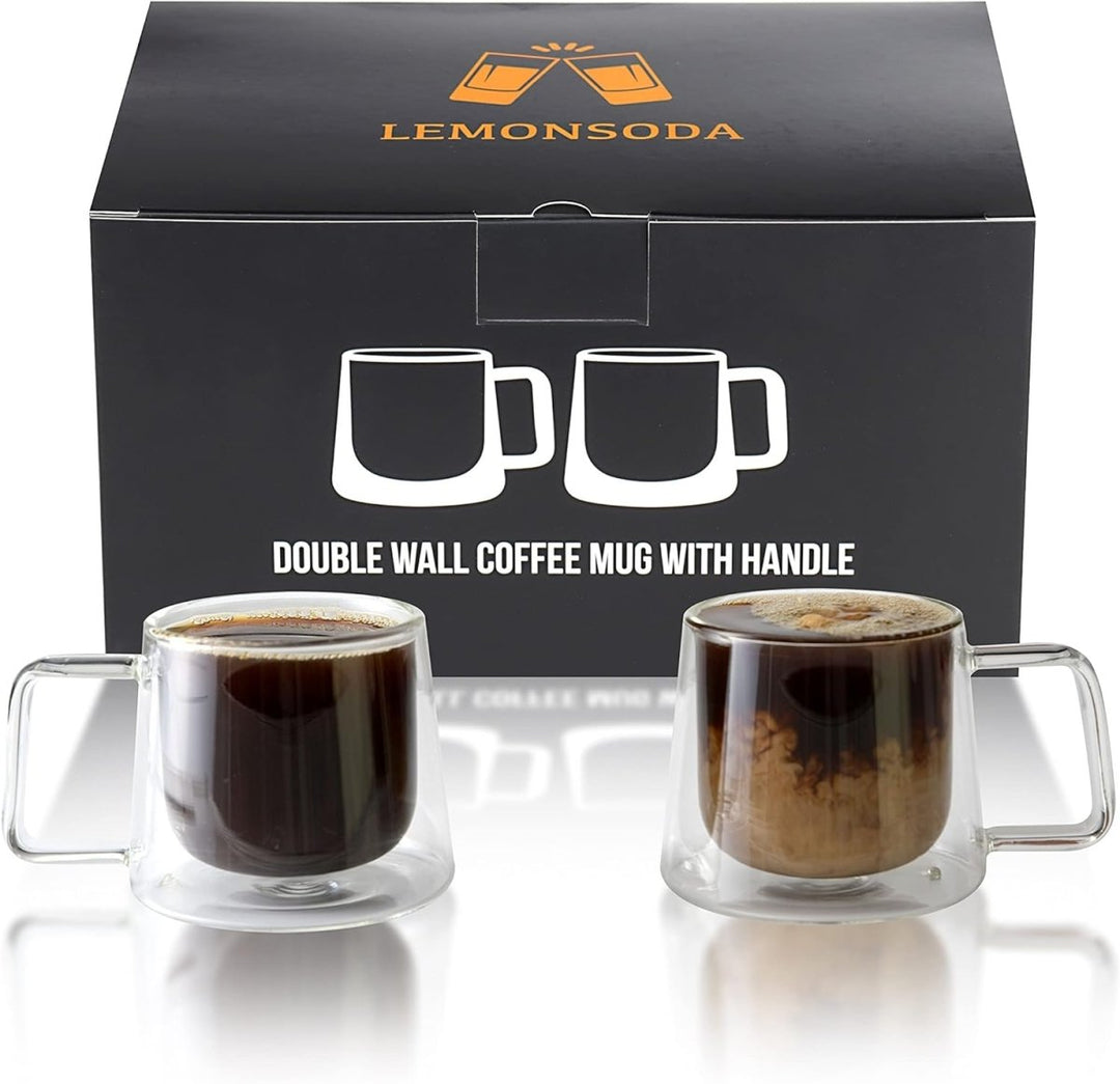 Double Walled Glass Coffee Drink Mug with Handle - Set of 2 - 8.5oz - BottleBuzz