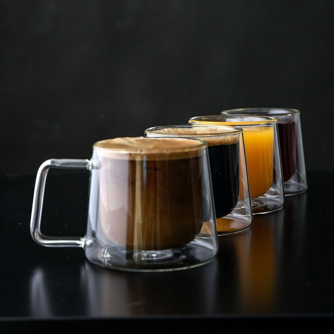 Double Walled Glass Coffee Drink Mug with Handle - Set of 4 - 8.5oz - BottleBuzz