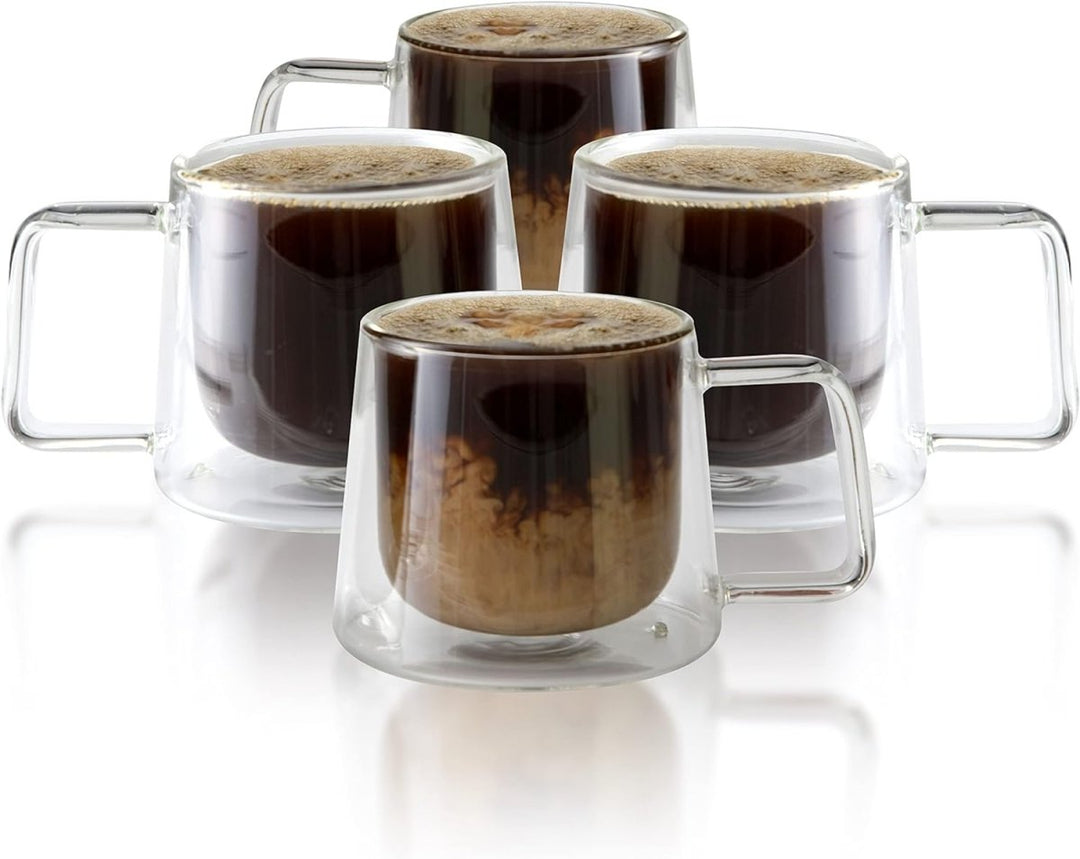 Double Walled Glass Coffee Drink Mug with Handle - Set of 4 - 8.5oz - BottleBuzz