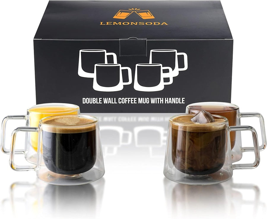 Double Walled Glass Coffee Drink Mug with Handle - Set of 4 - 8.5oz - BottleBuzz