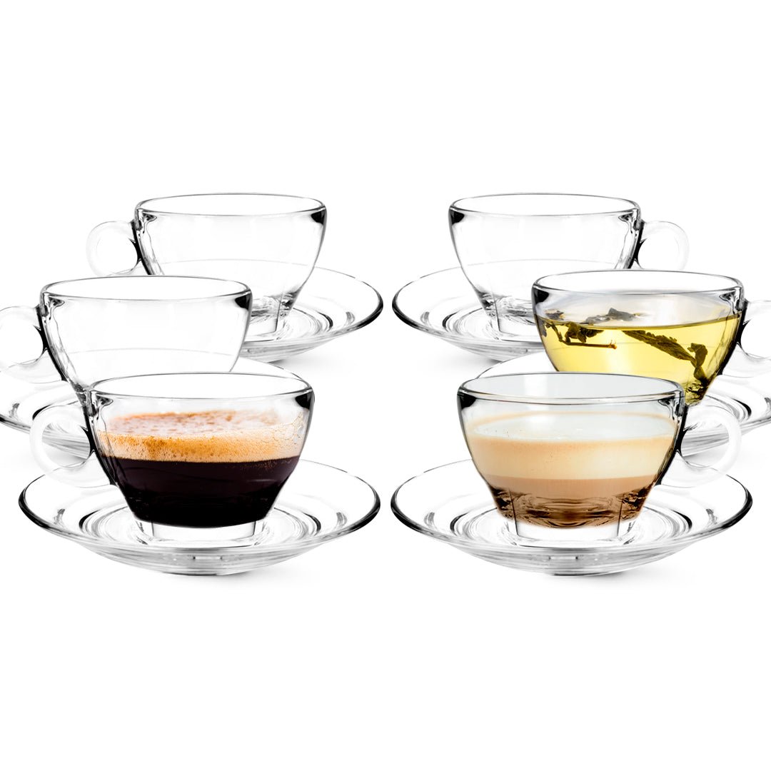 Glass Latte Cup and Saucer - 8.75oz - Set of 6 - BottleBuzz