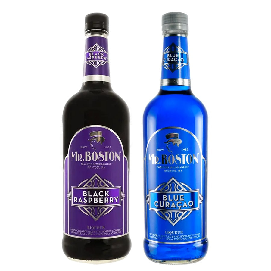 Mr. Boston Black Raspberry Liqueur and Mr. Boston Blue Curacao