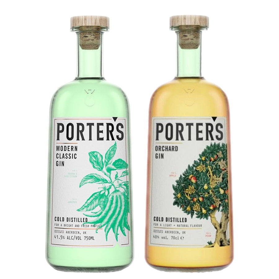 Porters Dry Gin Modern Classic Cold Distilled and Porters Orchard Gin