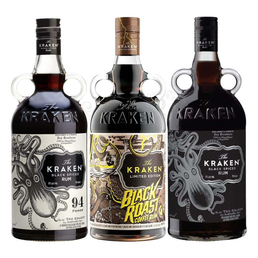 Kraken Black Spiced, Black Roast Coffee & Dark Label 70 Proof Rum Bundle - BottleBuzz
